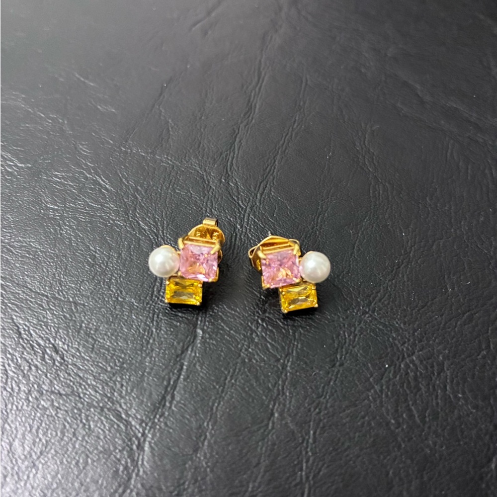 Kate Spade Gold Pearl Pink and Yellow Gemstone Stud Earrings